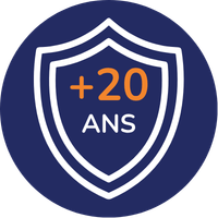 Icône représentant plus de 20 ans d’expérience avec un bouclier bleu et blanc.